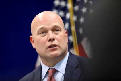 Acting Attorney General Matthew Whitaker speaks to state and local law enforcement on efforts to combat violent crime and the opioid crisis in Des Moines, Iowa on Nov. 14, 2018. Scott Morgan/Reuters