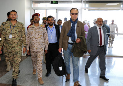 Retired Dutch General Patrick Cammaert (2nd R), who heads a United Nations advance team tasked with monitoring a ceasefire between the Iranian-aligned Houthi group and Saudi-backed government forces in Yemen's Hodeidah, walks upon his arrival in Aden, Yemen December 22, 2018. Photo by Fawaz Salman/Reuters