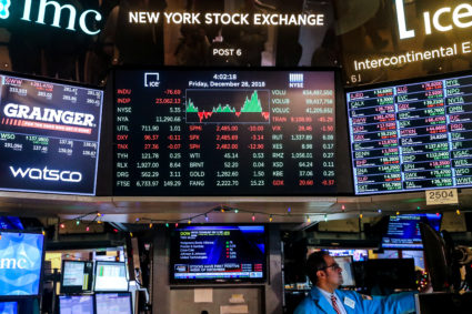 A screen displays the Dow Jones Industrial Average after the close of trading on the floor of the New York Stock Exchange in New York City on December 28, 2018. Photo by Jeenah Moon/Reuters