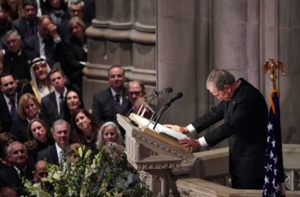 TOPSHOT - Former US President George W. Bush speaks during the funeral service for former US President George H. W. Bush at the National Cathedral in Washington, DC on December 5, 2018. (Photo by MANDEL NGAN / AFP) (Photo credit should read MANDEL NGAN/AFP/Getty Images)