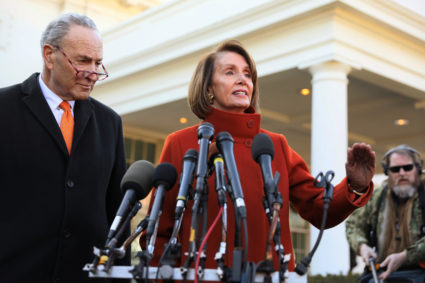 Senate Minority Leader Chuck Schumer (D-N.Y.) and House Speaker designate Nancy Pelosi (D-Calif.) speak to reporters after meeting with President Donald Trump at the White House in Washington, D.C. Photo by Jonathan Ernst/Reuters