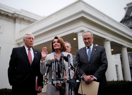 House Democratic leader Nancy Pelosi (D-Calif.) speaks to reporters with Senate Democratic leader Chuck Schumer (D-N.Y.), Rep. Steny Hoyer (D-Md.) and Sen. Dick Durnin (D-Ill.) following a border security briefing with U.S. President Donald Trump and congressional leadership at the White House in Washington, D.C. Photo by Carlos Barria/Reuters