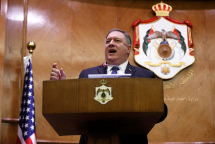 Secretary of State Mike Pompeo speaks during a news conference with Jordanian Foreign Minister Ayman Safadi in Amman, Jordan. Photo by Muhammad Hamed/Reuters