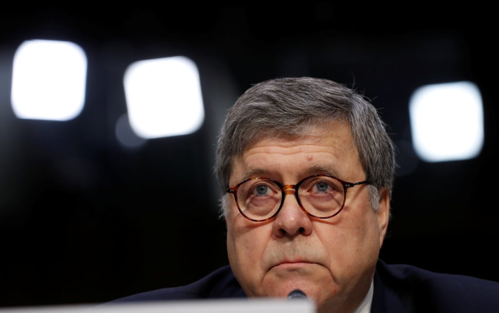 William Barr listens to a question as he testifies at the U.S. Senate Judiciary Committee confirmation hearing on his nomi...