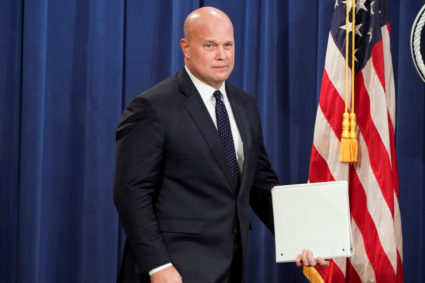 Acting Attorney General Matthew Whitaker arrives to address a news conference about charges against China's Huawei Technologies Co Ltd. Photo by REUTERS/Joshua Roberts