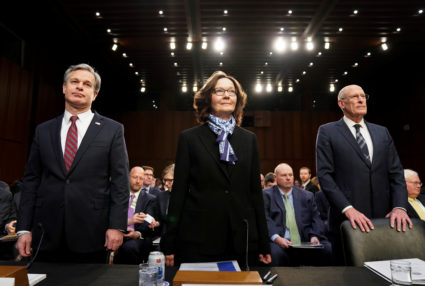 FBI Director Christopher Wray; CIA Director Gina Haspel and Director of National Intelligence Dan Coats arrive with other U.S. intelligence community officials to testify before a Senate Intelligence Committee hearing on "worldwide threats" on Capitol Hill in Washington, U.S., January 29, 2019. REUTERS/Joshua Roberts