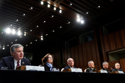 FBI Director Christopher Wray, CIA Director Gina Haspel, Director of National Intelligence Dan Coats, Defense Intelligence Agency (DIA) Director Gen. Robert Ashley, National Security Agency (NSA) Director Gen. Paul Nakasone and Robert Cardillo, director of the National Geospatial-Intelligence Agency, testify to the Senate Intelligence Committee hearing about "worldwide threats" on Capitol Hill in Washington, U.S., January 29, 2019. REUTERS/Joshua Roberts