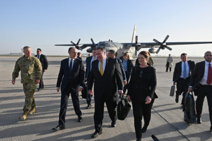U.S. Secretary of State Mike Pompeo is welcomed by U.S. ambassador to Iraq Douglas Silliman as he arrives in Baghdad, Iraq, during a Middle East tour. Andrew Caballero-Reynolds/Pool via REUTERS