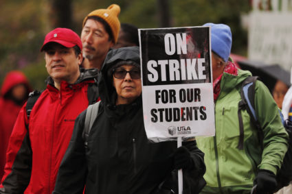 Some of the more than 30,000 teachers in the Los Angeles public school system hold a rally at City Hall after going on strike in Los Angeles on January 14, 2019. Mike Blake/Reuters