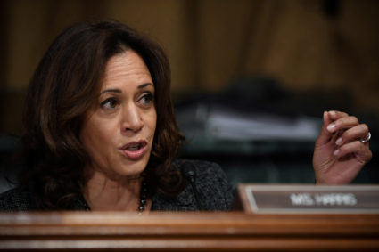 Sen. Kamala Harris, D-CA, talks to to Christine Blasey Ford, testifying before the U.S. Senate Judiciary Committee on Capitol Hill in Washington, U.S., September 27, 2018. Saul Loeb/Pool via REUTERS/File Photo