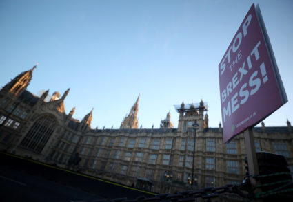 A sign is seen during an anti-Brexit demonstration outside the Houses of Parliament in London, Britain on January 28, 2019. Photo by Hannah McKay/Reuters