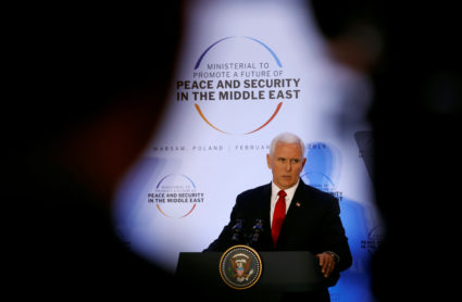 Vice President Mike Pence delivers a speech during the Middle East summit in Warsaw, Poland. Photo by Kacper Pempel/Reuters