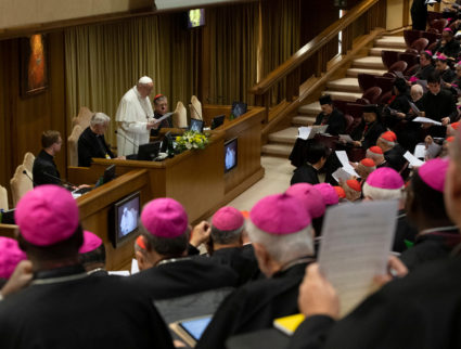 Pope Francis attends the four-day meeting on the global sexual abuse crisis, at the Vatican. Vatican Media­ via Reuters