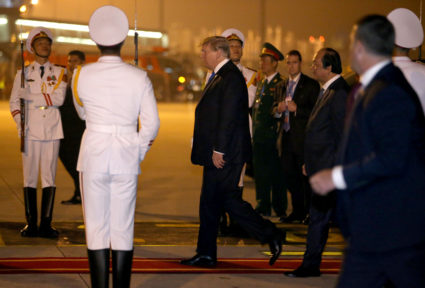 President Donald Trump arrives at Noi Bai International Airport for a second summit with North Korea's leader Kim Jong Un in Hanoi, Vietnam. Photo by Leah Millis/Reuters