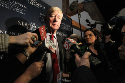 BEDFORD, NH - FEBRUARY 15: Former Massachusetts Governor William Weld speaks to the media at the latest installment of Politics &amp; Eggs at the Bedford Village Inn in Bedford, NH on Feb. 15, 2019. The Politics &amp; Eggs series is a forum for presidential candidates, political leaders, and other political analysts and commentators as they visit New Hampshire, home of the nation's first presidential primary. Weld, the former two-term governor of Massachusetts, said Friday he is launching a presidential exploratory committee, taking a formal step to become the first Republican to directly challenge President Trump in the 2020 GOP primary. (Photo by Suzanne Kreiter/The Boston Globe via Getty Images)