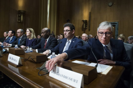 CEO of Sanofi, Dr. Albert Bourla, CEO of Pfizer, Kenneth C. Frazier CEO of Merck, Jennifer Taubert, Executive Vice President, Worldwide Chairman, Janssen Pharmaceuticals, Johnson &amp; Johnson, Dr. Giovanni Caforio, CEO of Bristol-Myers Squibb, Pascal Soriot, CEO of AstraZeneca, and Richard A. Gonzalez, CEO of AbbVie Inc., are seen before a Senate Finance Committee hearing in Dirksen Building titled "Drug Pricing in America: A Prescription for Change, Part II," on February 26, 2019. (Photo By Tom Williams/CQ Roll Call)