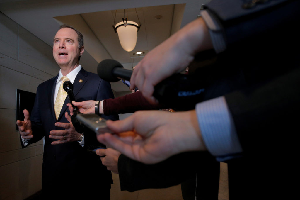 Rep. Adam Schiff (D-Calif.) speaks to reporters before a meeting of the House Intelligence Committee at the U.S. Capitol i...