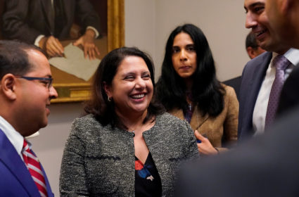 Neomi Rao (center), the administrator of the White House Office of Information and Regulatory Affairs, reacts after U.S. President Donald Trump announced that he is nominating her to replace Supreme Court Justice Brett Kavanaugh on the U.S. D.C. Circuit Court of Appeals on November 13, 2018. Photo by Jonathan Ernst/Reuters