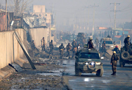 In this Jan. 15, 2019 file photo, Afghan security forces gather at the site a day after an attack in Kabul, Afghanistan. U.S. envoy to Afghanistan Zalmay Khalilzad is eager to strike a peace deal with the Taliban that would end America’s longest war, but he faces several obstacles. Afghanistan has been mired in war for decades, and while the U.S. and the Taliban have both claimed significant progress in the latest talks, they have yet to pen a deal. Photo by Mohammad Ismail/Reuters
