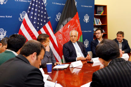 U.S. special envoy for peace in Afghanistan, Zalmay Khalilzad, speaks during a roundtable discussion with Afghan media at the U.S Embassy in Kabul, Afghanistan January 28, 2019. Photo from U.S Embassy/ Handout via Reuters