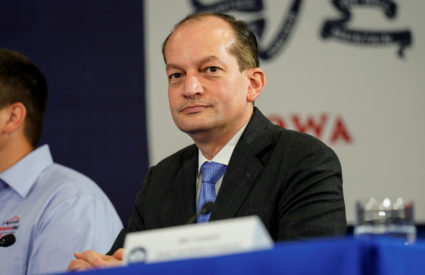 U.S. Labor Secretary Alexander Acosta participates in a roundtable discussion on workforce development with U.S. President Donald Trump at Northeast Iowa Community College in Peosta, Iowa, on July 26, 2018. Photo by Joshua Roberts/Reuters