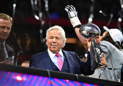 New England Patriots owner Robert Kraft raises the Vince Lombardi Trophy after winning Super Bowl LIII against the Los Angeles Rams earlier this year. He has been charged with solicitation of prostitution. Photo by Christopher Hanewinckel/USA TODAY Sports