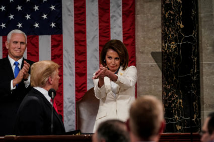 President Donald Trump delivered the State of the Union address, with Vice President Mike Pence and Speaker of the House Nancy Pelosi, at the Capitol in Washington, DC on February 5, 2019. (Doug Mills/Pool via REUTERS