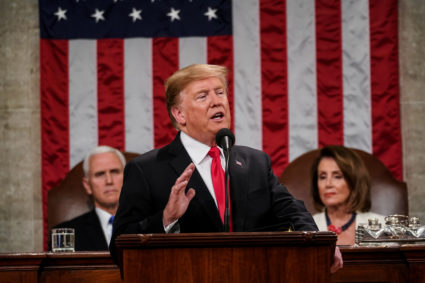 President Donald Trump delivered the State of the Union address, with Vice President Mike Pence and Speaker of the House Nancy Pelosi, at the Capitol in Washington, D.C. on February 5, 2019. Photo by Doug Mills/Pool via REUTERS