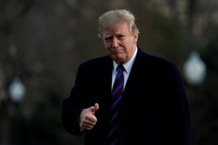 President Donald Trump thumbs up as he returns to the White House in Washington, U.S., after an annual physical test at the Walter Reed National Military Medical Center in Bethesda, Maryland, on February 8, 2019. Photo by Yuri Gripas/Reuters.