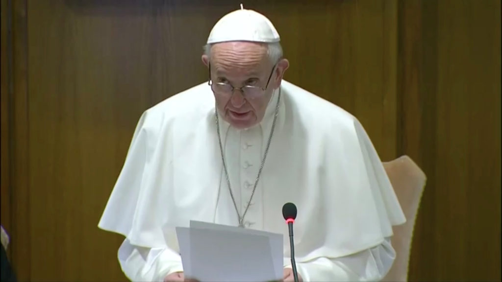 Pope Francis delivers a speech during the four-day meeting on the global sexual abuse crisis, at the Vatican, February 21,...