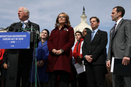 U.S. Representative Mike Thompson, D-Calif., joined by shooting survivor and former Representative Gabby Giffords, D-Ariz., holds a news conference about his proposed gun background check legislation, on Capitol Hill, February 26, 2019. Photo by Jonathan Ernst/Reuters