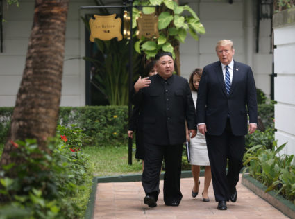 North Korea's leader Kim Jong Un and U.S. President Donald Trump talk in the garden of the Metropole hotel during the second North Korea-U.S. summit in Hanoi, Vietnam on February 28, 2019. Photo by Leah Millis/Reuters