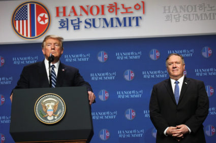 President Donald Trump holds a news conference next to Secretary of State Mike Pompeo after his summit with North Korean leader Kim Jong Un at the JW Marriott hotel in Hanoi, Vietnam, on February 28, 2019. Photo by Leah Millis/Reuters