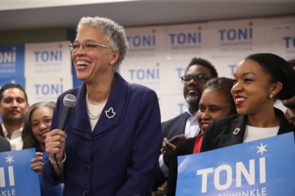 Mayoral candidate Toni Preckwinkle appears with supporters Tuesday night, Feb. 26, 2019 at the Lake Shore Cafe in Chicago. Photo by Chris Sweda/Chicago Tribune/TNS via Getty Images