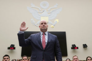 U.S. acting Attorney General Matthew Whitaker is sworn in to testify at a hearing of the House Judiciary Committee on Capitol Hill in Washington, D.C. Photo by Jonathan Ernst/Reuters