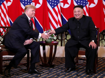 U.S. President Donald Trump and North Korean leader Kim Jong Un shake hands before their one-on-one chat during the second U.S.-North Korea summit at the Metropole Hotel in Hanoi, Vietnam February 27, 2019. Photo by REUTERS/Leah Millis