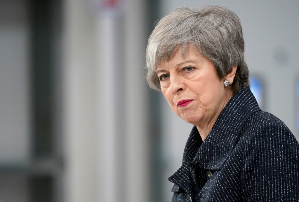 British Prime Minister Theresa May delivers a speech during her visit in Grimsby, Lincolnshire, Britain March 8, 2019. Chr...