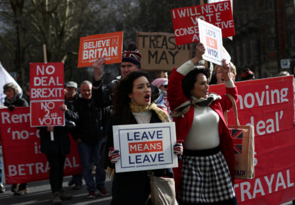 Pro-Brexit protesters demonstrate outside the Houses of Parliament in London on March 13, 2019. Photo by REUTERS/Hannah Mckay