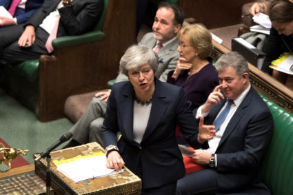 Britain's Prime Minister Theresa May speaks in Parliament ahead of a Brexit vote, in London, Britain, March 13, 2019. Photo by UK Parliament/Mark Duffy via Reuters