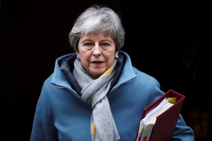 Britain's Prime Minister Theresa May is seen outside Downing Street in London on March 20, 2019. Photo by Hannah McKay/Reuters