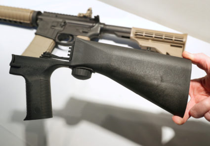FILE PHOTO: A bump fire stock that attaches to a semi-automatic rifle to increase the firing rate is seen at Good Guys Gun Shop in Orem, Utah, U.S., October 4, 2017. Photo by George Frey/Reuters
