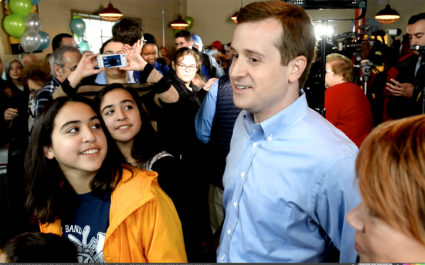 Democrat Dan McCready greets supporters following his announcement that he is going back out on the campaign trail for the 9th Congressional District at The Dreamchaser's Brewery on Friday, Feb. 22, 2019, in Waxhaw, N.C. Photo by Jeff Siner/Charlotte Observer/TNS via Getty Images