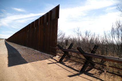 Bollard-style U.S.-Mexico border fencing is seen next to vehicle barriers in Santa Teresa, New Mexico, on March 5, 2019. Photo by Lucy Nicholson/Reuters