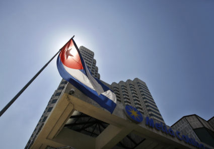 The Cuban flag stands outside a hotel of the Spanish Melia hotel chain in Havana March 17, 2008. Major investors in Cuba include Spanish hoteliers Iberostar and Melia, who run dozens of hotels across the island. Photo by Claudia Daut/Reuters