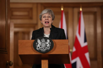 Britain's Prime Minister Theresa May makes a statement about Brexit in Downing Street in London, on March 20, 2019. Jonathan Brady/Pool via Reuters