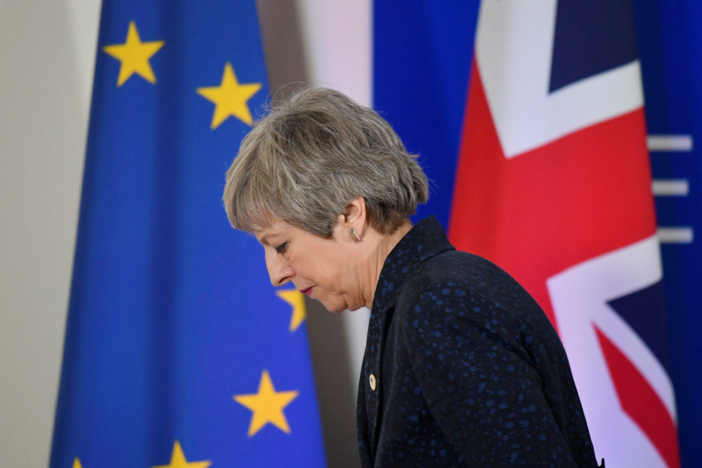 Britain's Prime Minister Theresa May leaves after giving a news briefing in Brussels, Belgium on March 22, 2019. Photo by ...