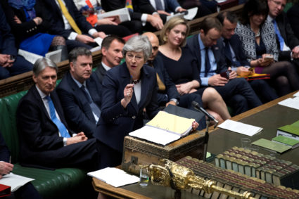 British Prime Minister Theresa May speaks at the House of Commons as she faced a vote on alternative Brexit options on March 27, 2019. ©UK Parliament/Jessica Taylor/Handout via Reuters