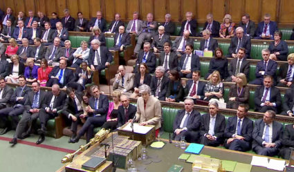 Britain's Prime Minister Theresa May speaks in the Parliament on March 29, 2019. Lawmakers voted down May's Brexit deal for a third time Friday. Photo: Screenshot from Reuters TV video
