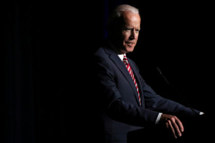 Former Vice President Joe Biden delivers remarks at the First State Democratic Dinner in Dover, Delaware. Photo By Jonathan Ernst/Reuters