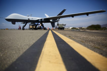 A General Atomics MQ-9 Reaper stands on the runway during "Black Dart", a live-fly, live fire demonstration of 55 unmanned aerial vehicles, or drones, at Naval Base Ventura County Sea Range, Point Mugu, near Oxnard, California July 31, 2015. REUTERS/Patrick T. Fallon